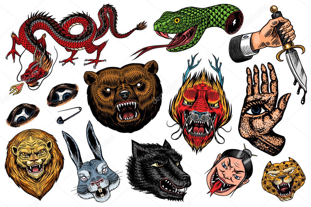 Conjunto de parches de moda tatuaje oso dragãn leãn serpiente daga liebre y mano astrolãgica dibujado grabado en un viejo boceto vintage ilustraciãn surrealista vectorial insignias impresiãn para camiseta vector de stock