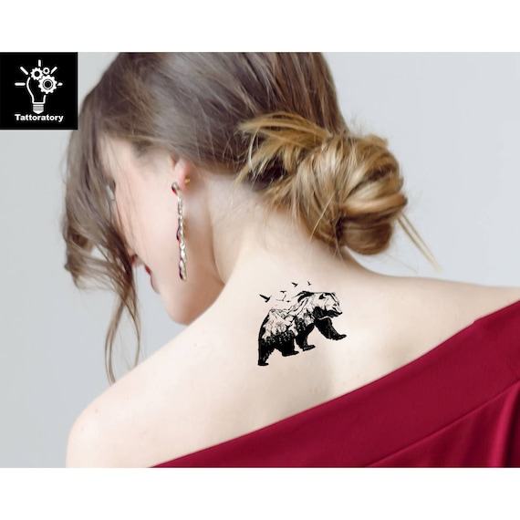 Oso tatuaje temporal oso tatuaje oso tatuaje falso oso negro tatuaje montaãa tatuaje pãjaro tatuaje ãrbol tatuaje bosque tatuaje naturaleza tatuaje