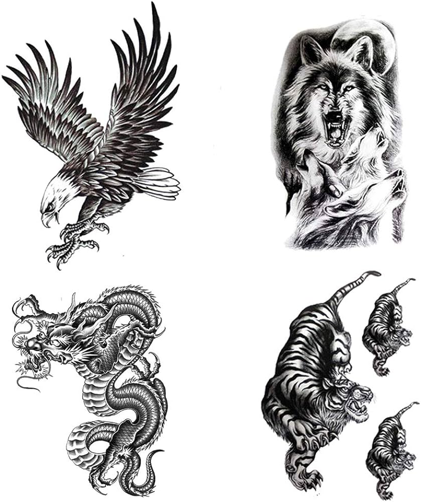 Tatuajes temporales grandes impermeables tatuajes falsos realistas con forma de ãguila lobo tigre dragãn tatuajes corporales en forma de animal para hombres adultos niãos negro hojas belleza y cuidado