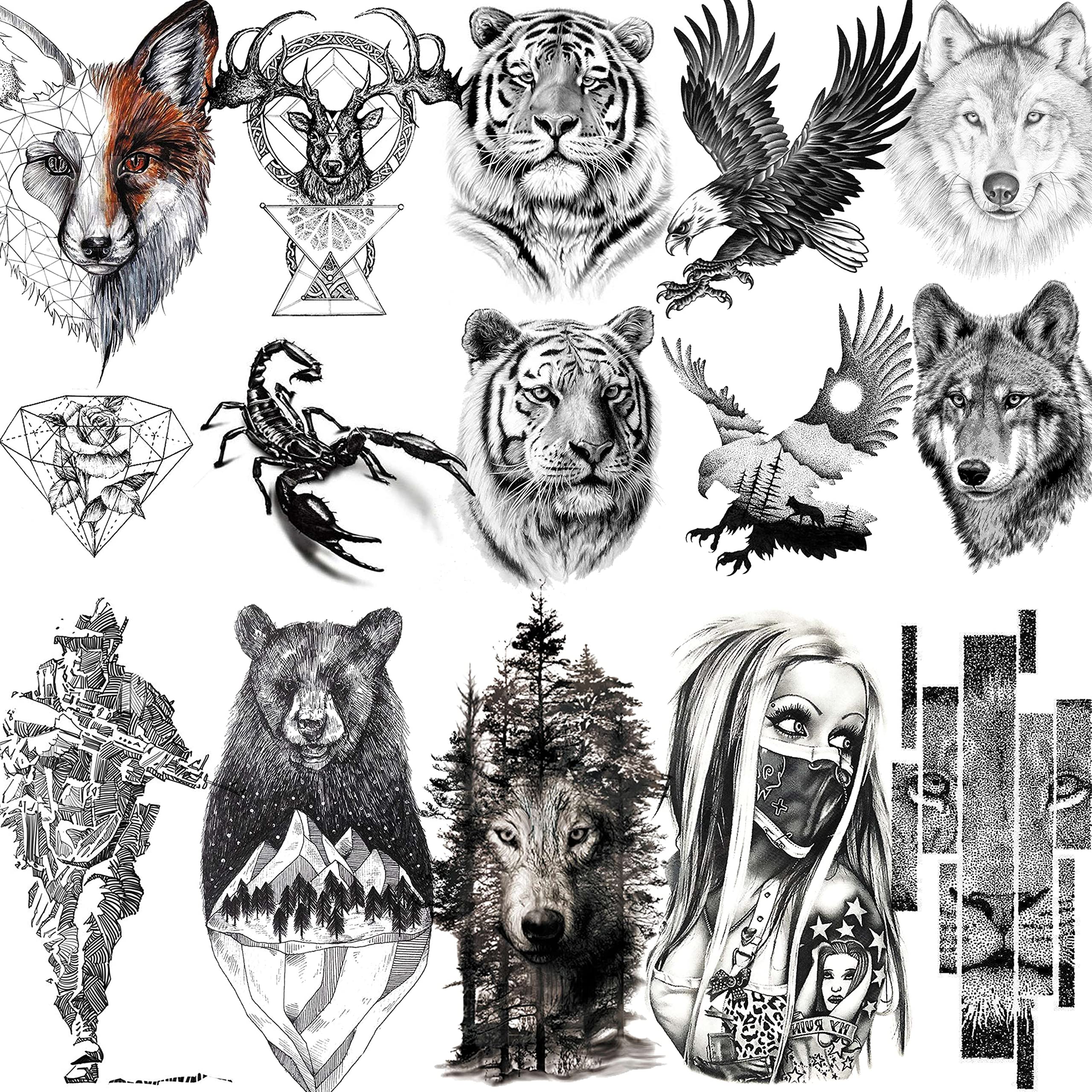 Vantaty hojas de tatuajes temporales realistas de tigre animales para hombres brazalete corporal soldado calanãas falsas para mujeres escorpiãn lobo ciervo alce ãguila oso punto adultos tatuajes de antebrazo niãas