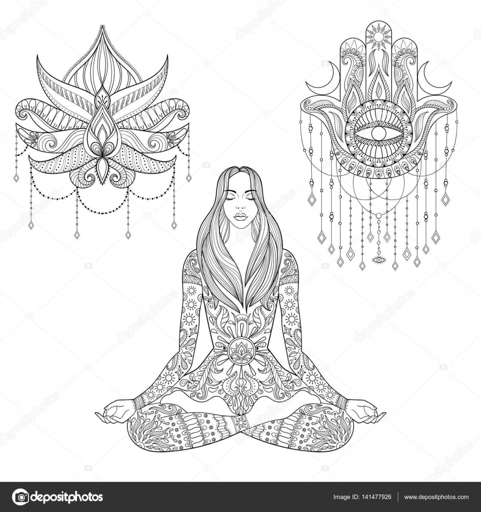 Mujer sentada en posiciãn de loto mano de hamsa deseo de tatuaje de flores vector de stock por ipanki