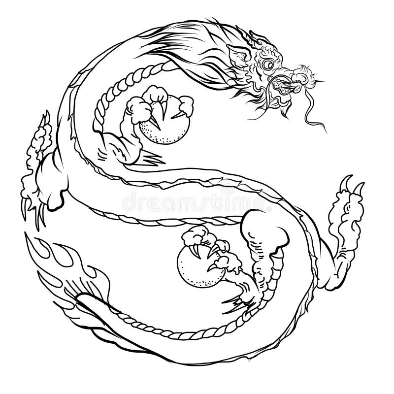 Hand drawn silhouette dragonchine dragon tattooblack and white traditional japane dragondragon coloring book ilustraciãn del vector