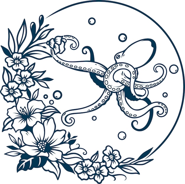 Grãficos tãticos de silueta de tatuaje de pulpo floral vector premium
