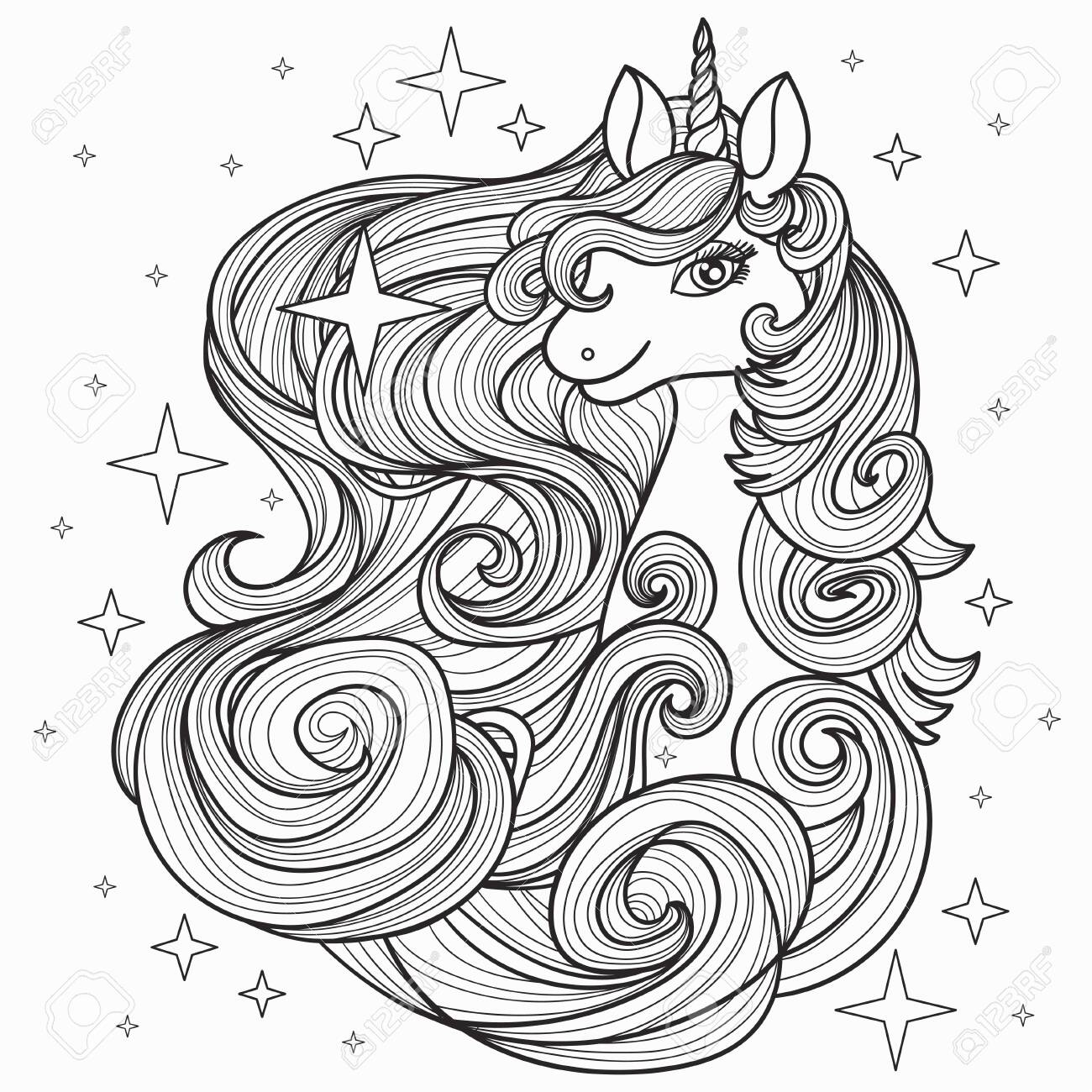 Unicorn with a long mane hand drawn vector line illustration for tattoo coloring book postcard print royalty free svg cliparts vectors and stock illustration image