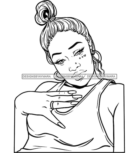 Calle urbana inteligente ghetto mujer inteligente cola de pony intimidar tatuaje badass melanin svg jpg png vector clipart silueta cricut corte corte