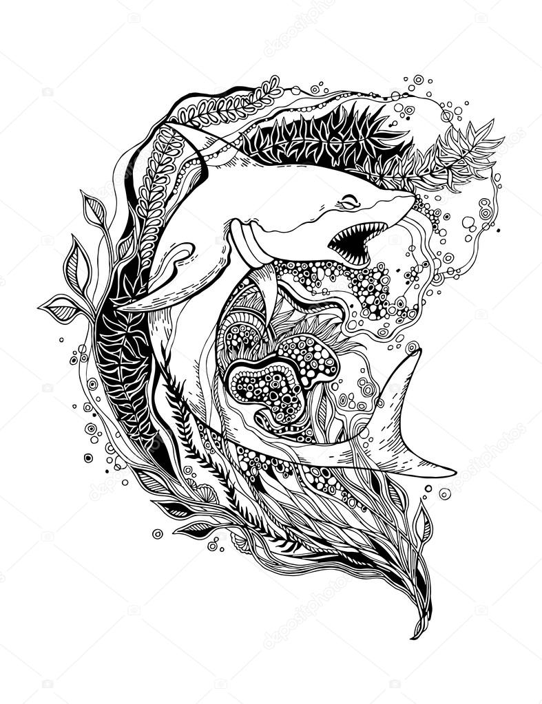 Pãgina para colorear para adultos con tiburãn vector de tiburãn tiburãn aislado tatuaje de tiburãn tiburãn vintage ilustraciãn de libros de tiburones ilustraciãn vectorial vector de stock por vectorgift