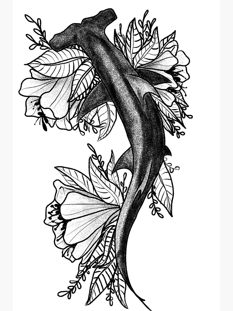 Pãster for sale con la obra tiburãn martillo estilo tatuaje con flores de sleepyheadart