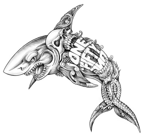 Shark graffiti drawing with skull and snake stock illustration