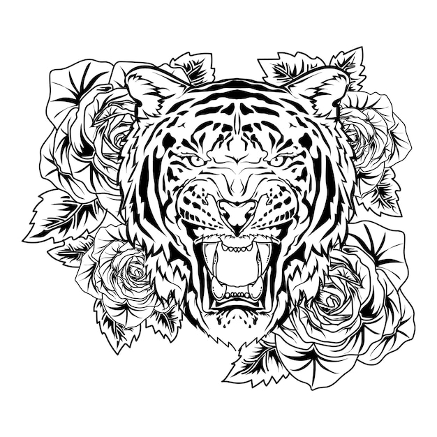Diseão de tatuaje y camiseta tigre con rosa dibujado a mano vector premium en blanco y negro vector premium