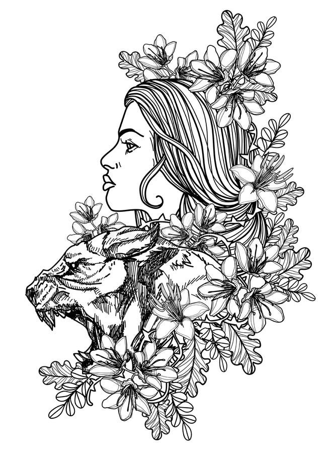 Mujer tatuadas y tigr dibujando a mano boceto en blanco y negro ilustraciãn del vector