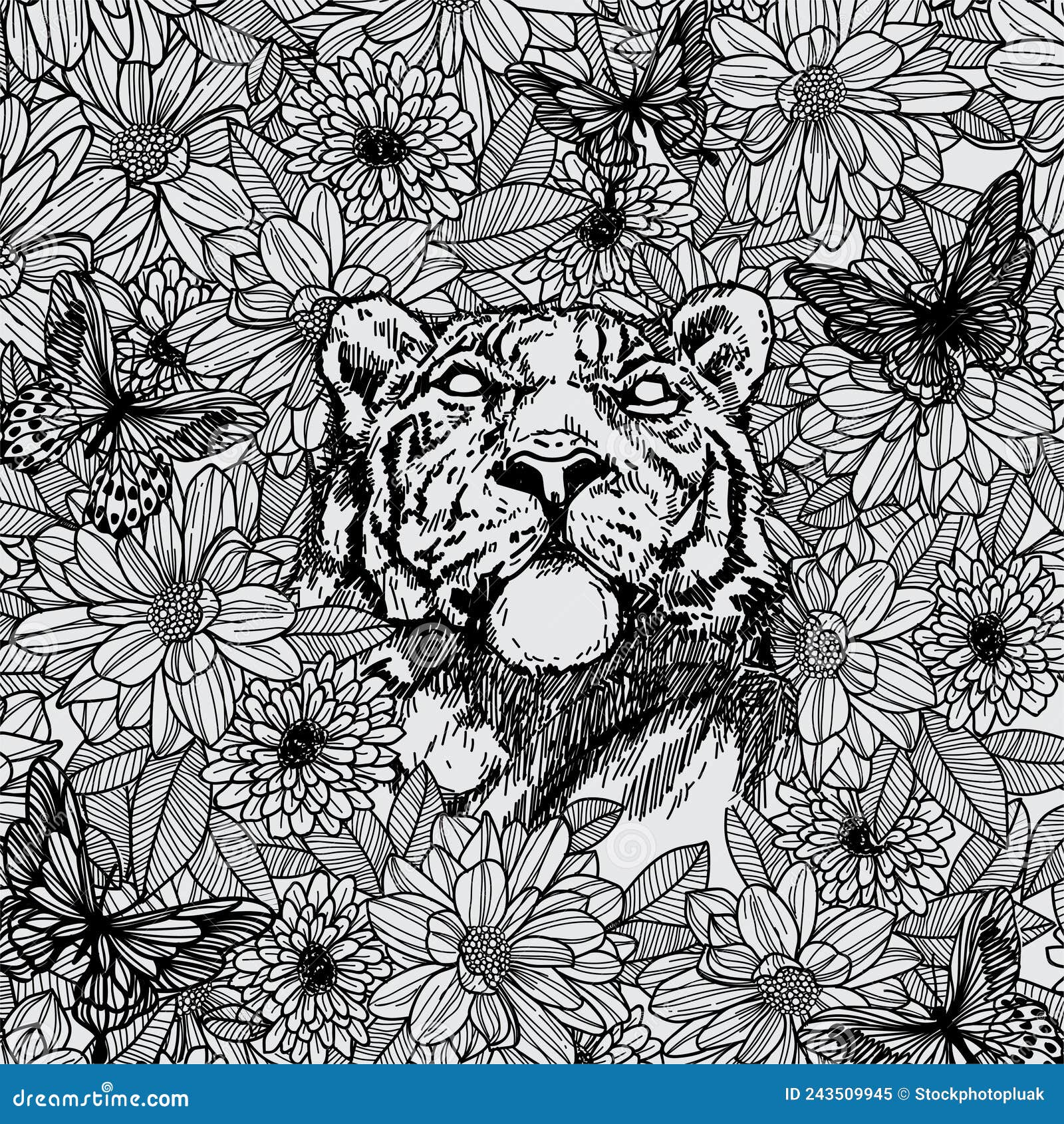 Tigre de arte de tatuaj y dibujo de flor y dibujo negro y blanco stock de ilustraciãn