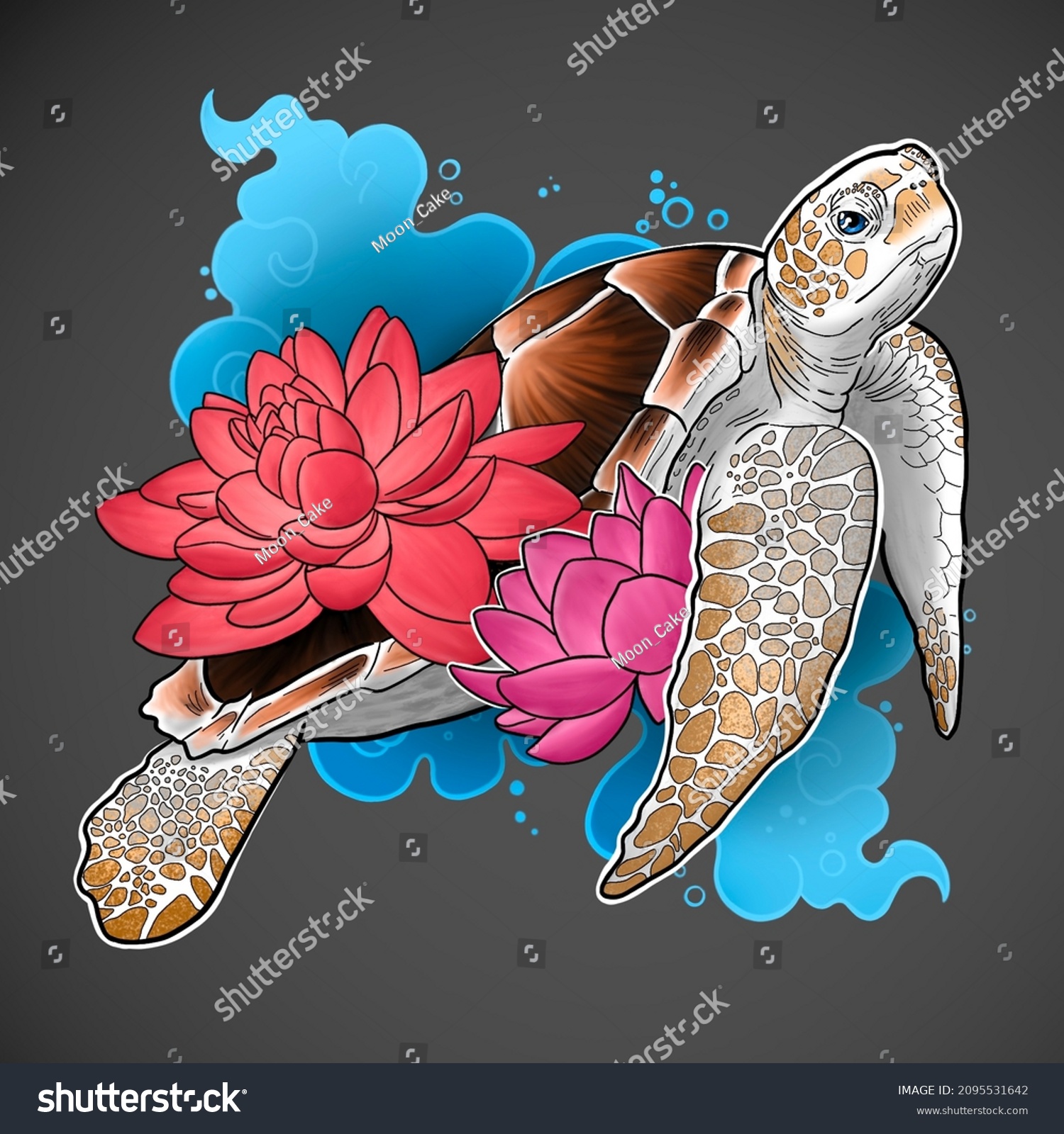 Sketch turtle lotus flowers outline graphics stock illustration