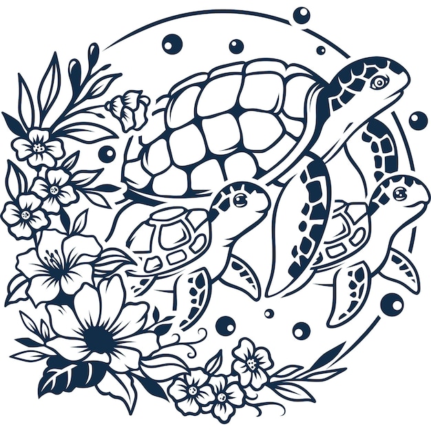 Silueta de tatuaje de tortuga floral abstracto vector premium