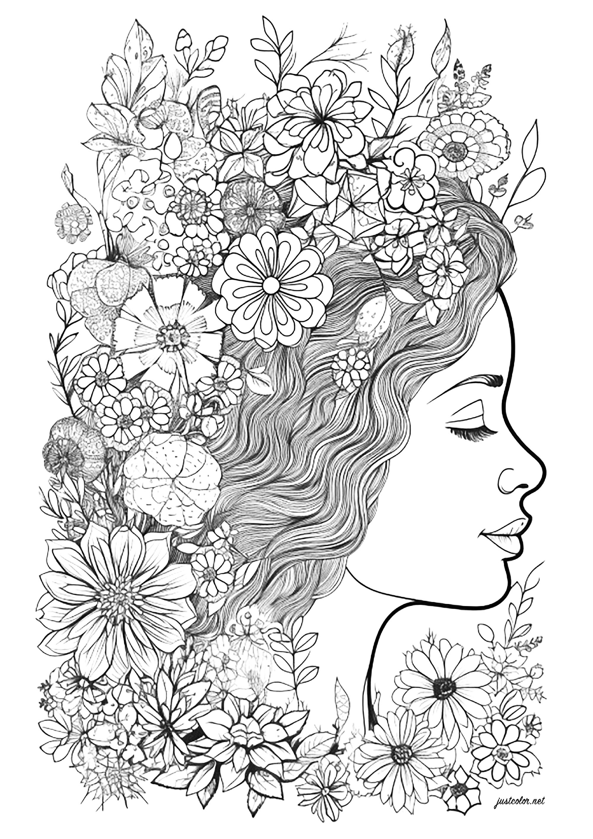 Rostro de mujer de perfil rodeada de flores