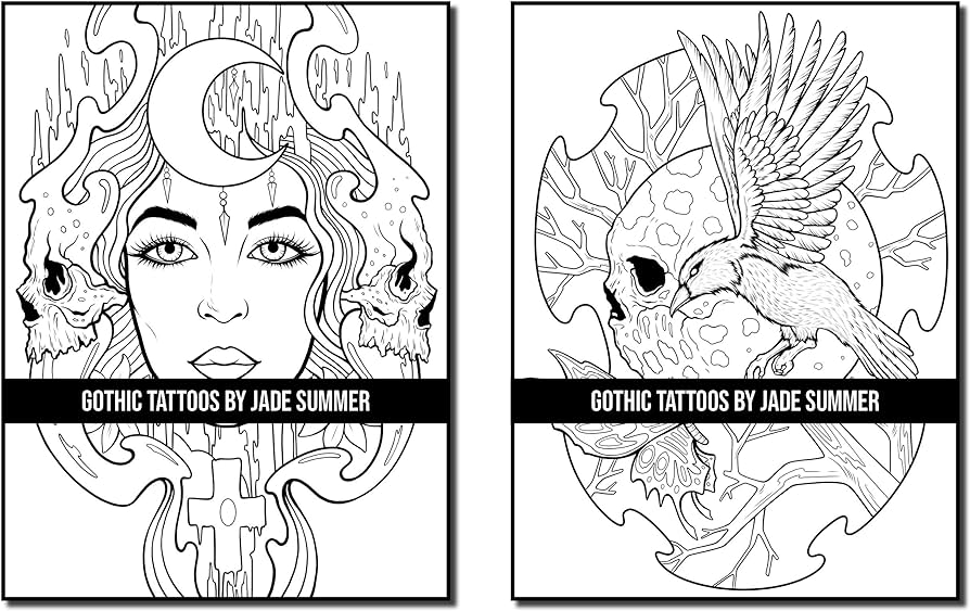 Tatuajes gãticos un libro de tatuajes para colorear para adultos con calaveras animales flores y escenas de fantasãa oscuras para hombres y mujeres libros de colorear tatuajes para adultos summer jade