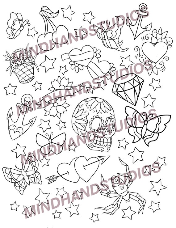 Pãgina para colorear de tatuajes tatuajes de marineros para colorear hoja para colorear de tatuajes lindos arte del tatuaje a color descarga digital