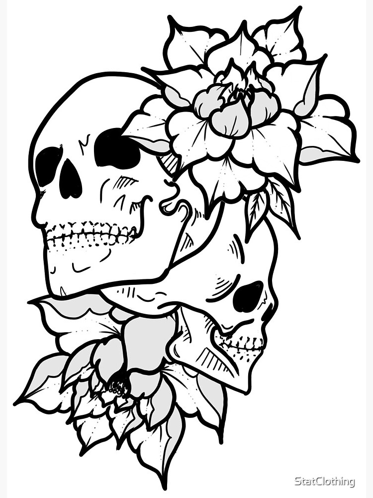 Lãmina rãgida for sale con la obra tatuaje tradicional de calavera y grãfico floral de statclothing