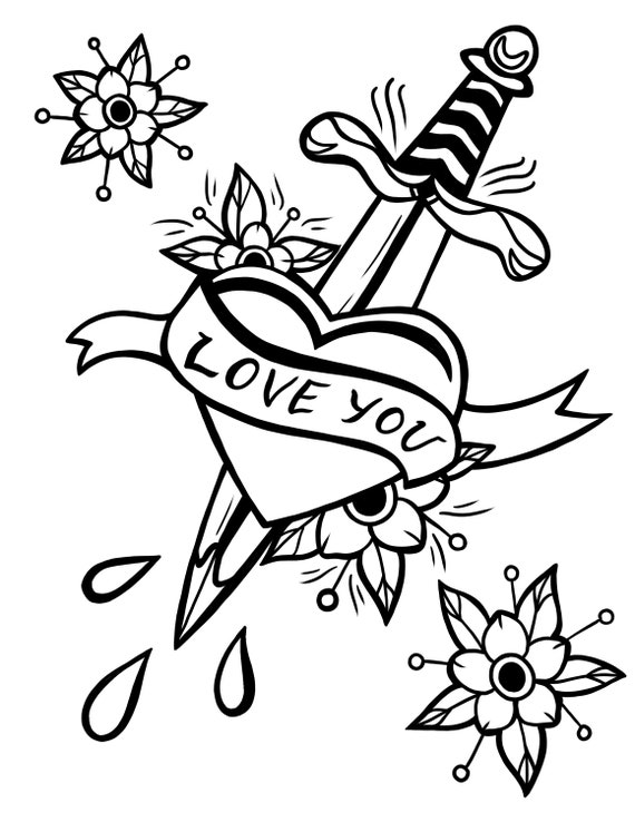 Paquete de pãginas para colorear digital tatuajes de estilo tradicional de la vieja escuela descarga instantãnea imprimible