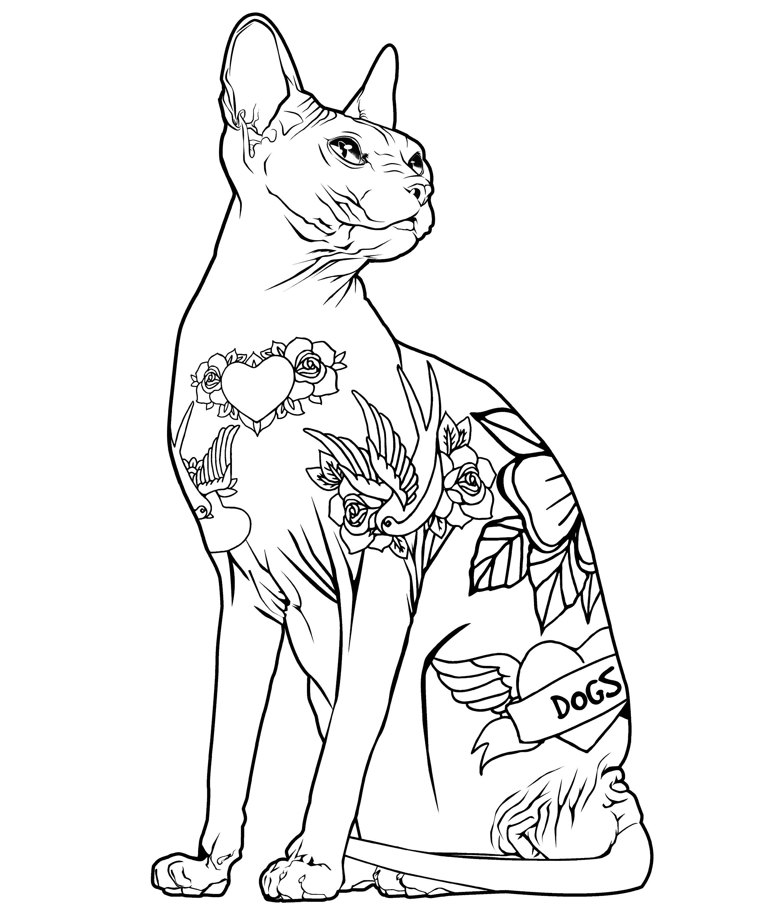 Divertidos gatos tatuados imprimibles descarga digital gato con tatuajes pãgina para colorear