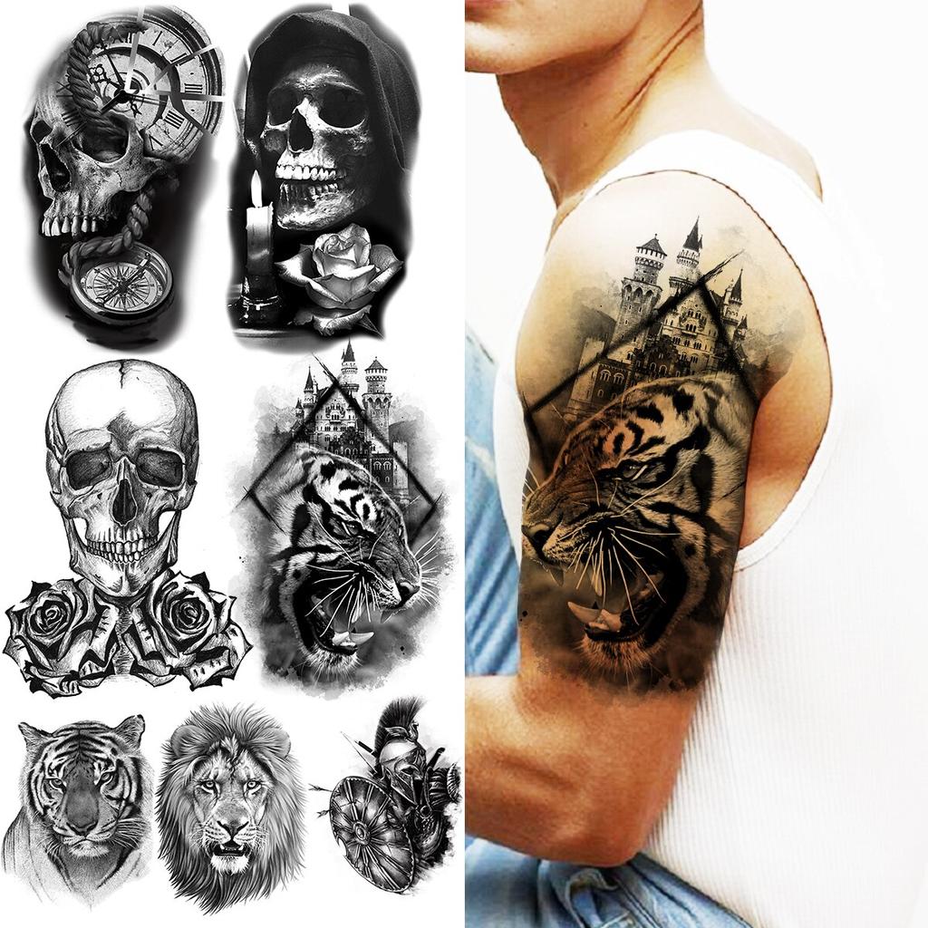 Prar tatuajes temporales de tigre tribal para hombres y mujeres calavera realista brãºjula rosa flor leãn tatuaje falso pegatina tatuajes para brazo y cuello tienda online