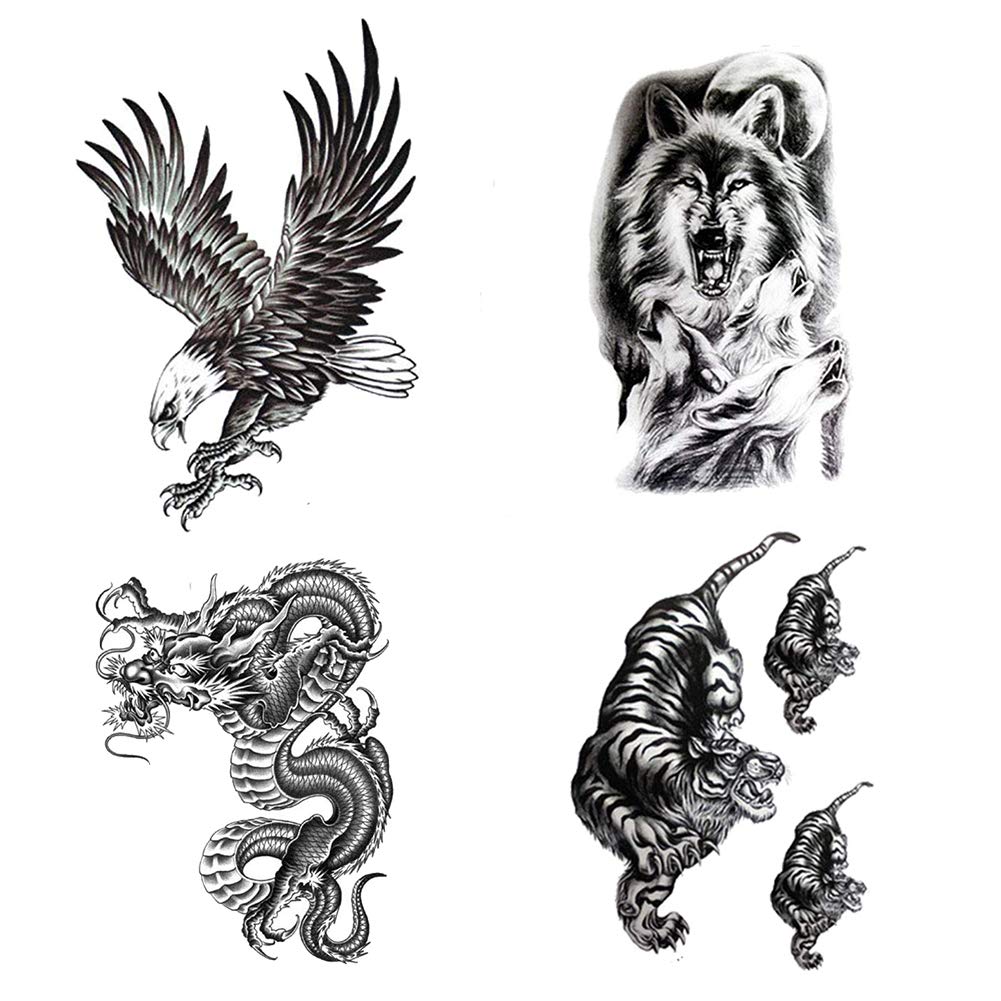 Tatuajes temporales grandes impermeables tatuajes falsos realistas con forma de ãguila lobo tigre dragãn tatuajes corporales en forma de animal para hombres adultos niãos negro hojas belleza y cuidado