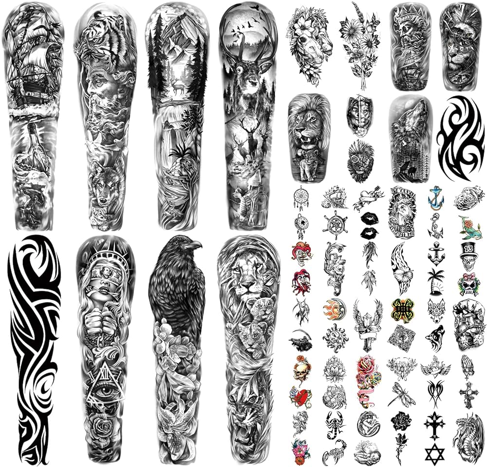 Soovsy hojas de mangas de tatuaje temporales para hombres tatuaje temporal de brazo pleto con manga de leãn tatuajes temporales realistas con flor tatuajes de halloween de manga pleta para