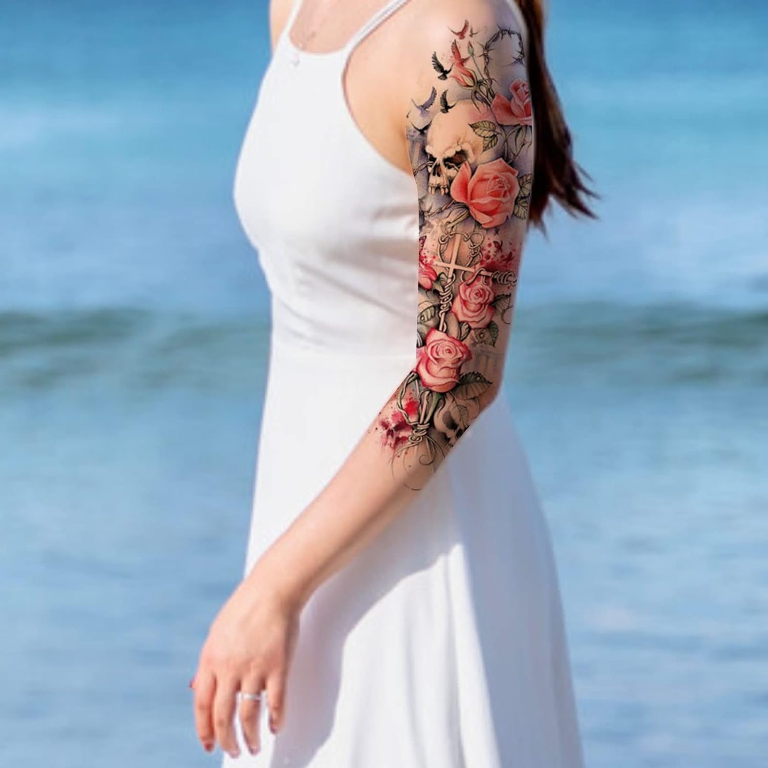 Adhesivo de tatuajes temporales impermeable de pierna de brazo mpleto arte de flores loridas realistas mangas grandes y duraderas calmanãas de â