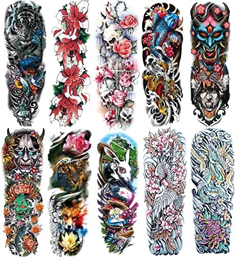 Tatuajes de manga temporal coloridos para hombres y mujeres tatuajes de acuarela falsos de brazo pleto para adultos tatuajes de manga realistas impermeables de larga duraciãn tatuaje de brazo pleto