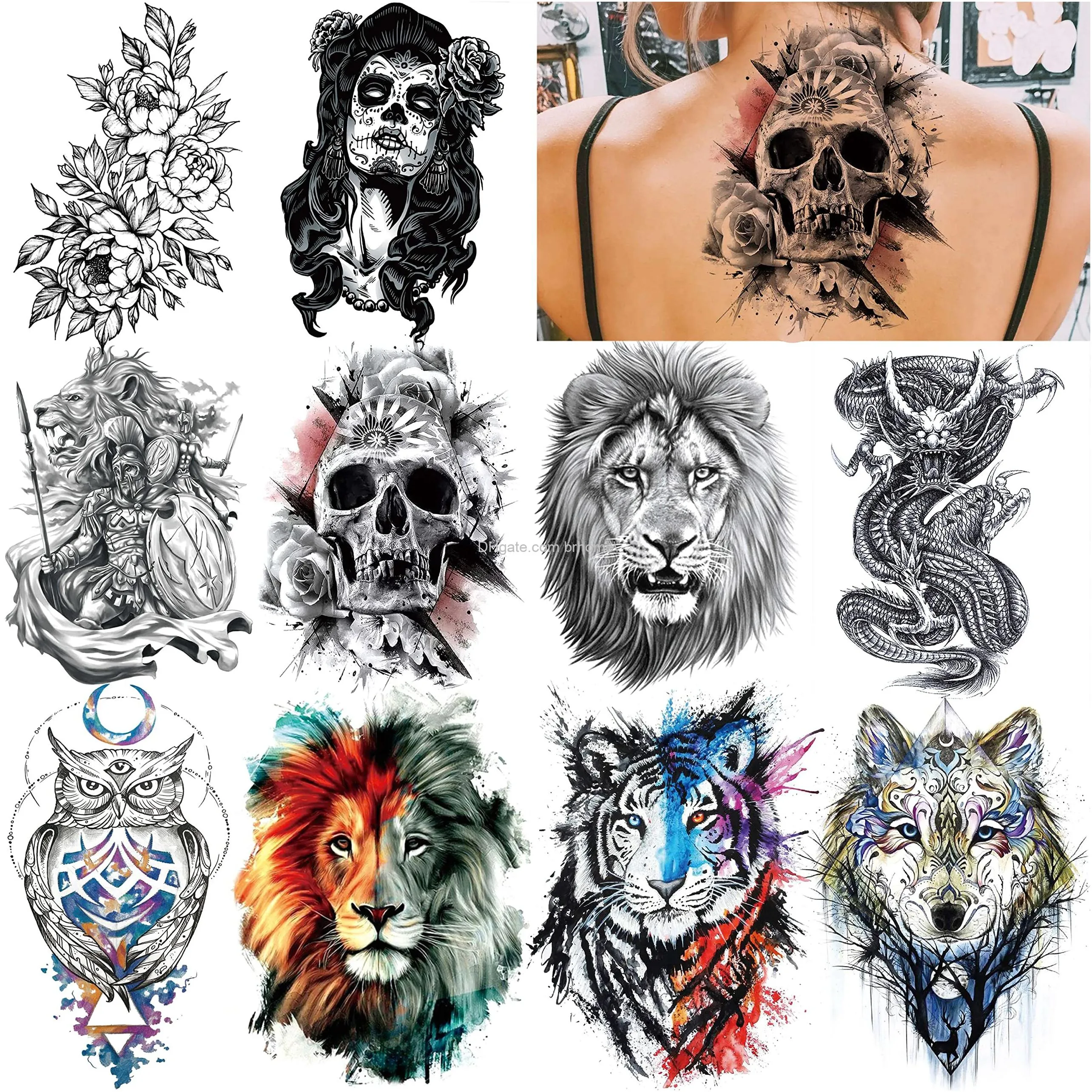 Tatuaj temporal hojas grand realistas tigre dragãn leãn bãºho para mujer muslo hombr brazo adt media manga halloween skl tatuaje falso amad por dzpadhsh â