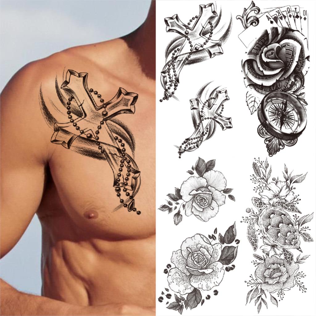 Prar tatuajes temporales de cadena cruzada realista para hombres mujeres adultos pãker brãºjula flor tatuaje falso pecho cintura media manga tatuajes tienda online