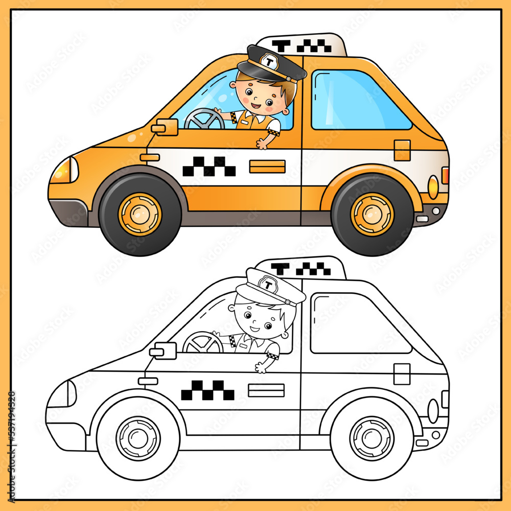 Coloring page outline of cartoon taxi with driver images transport or vehicle for children coloring book for kids vector