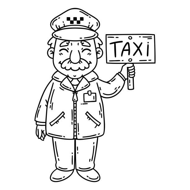 Happy taxi driver coloring page stock illustration