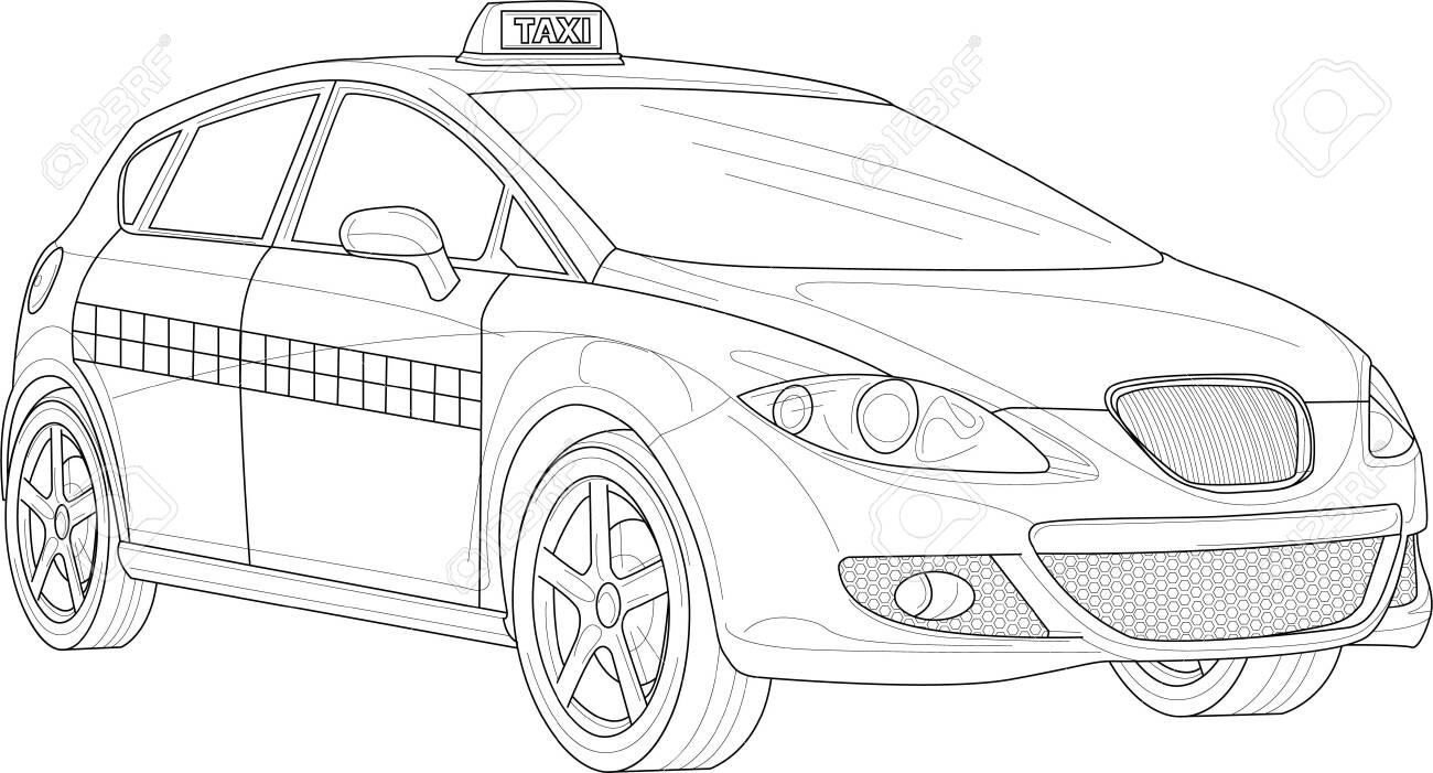 Taxi car realistic sketch template cartoon vector illustration in black and white for games background pattern decor print for fabrics and other surfaces coloring paper page story book royalty free svg cliparts