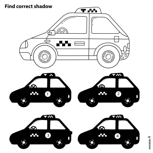 Educational puzzle game for kids find correct shadow taxi car coloring page outline of cartoon taxi coloring book for children stock illustration