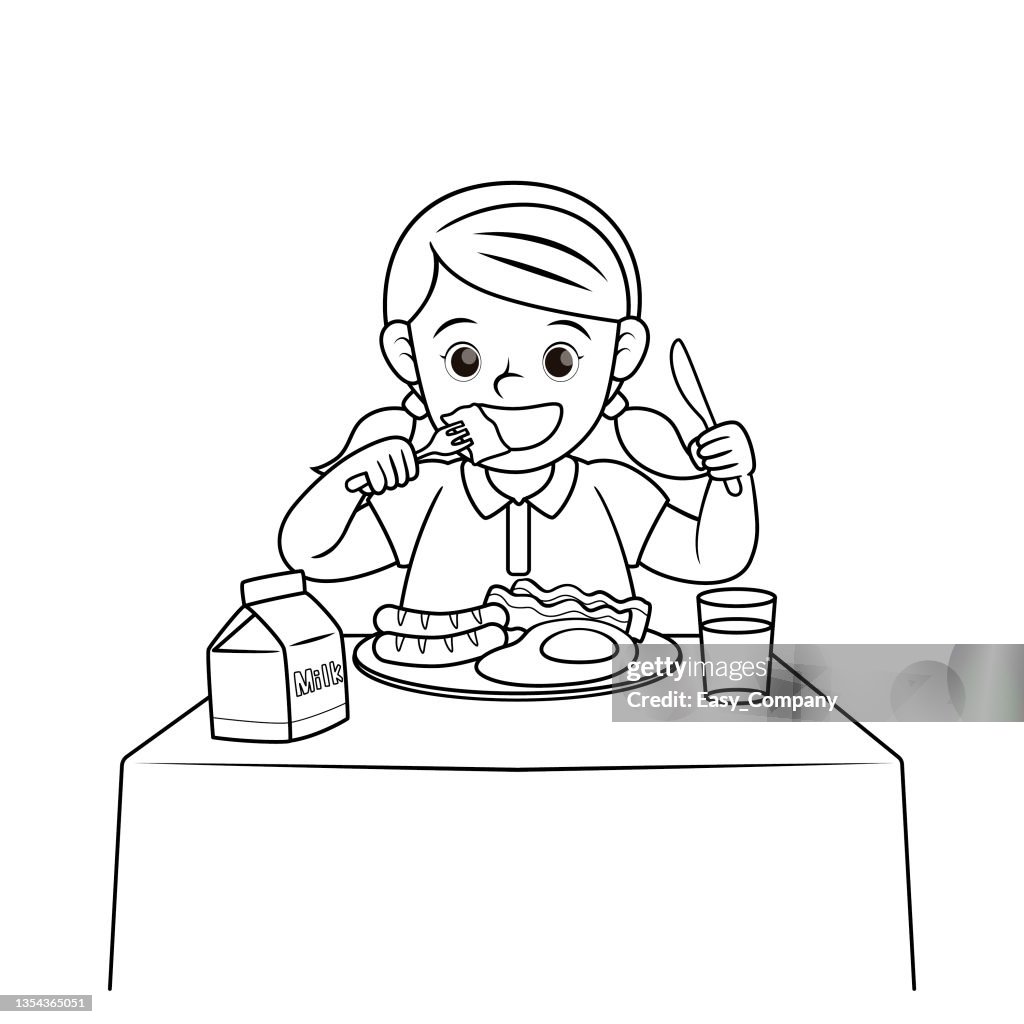 Black and white vector illustration of a childrens activity coloring book page with a picture of a girl eating breakfast high