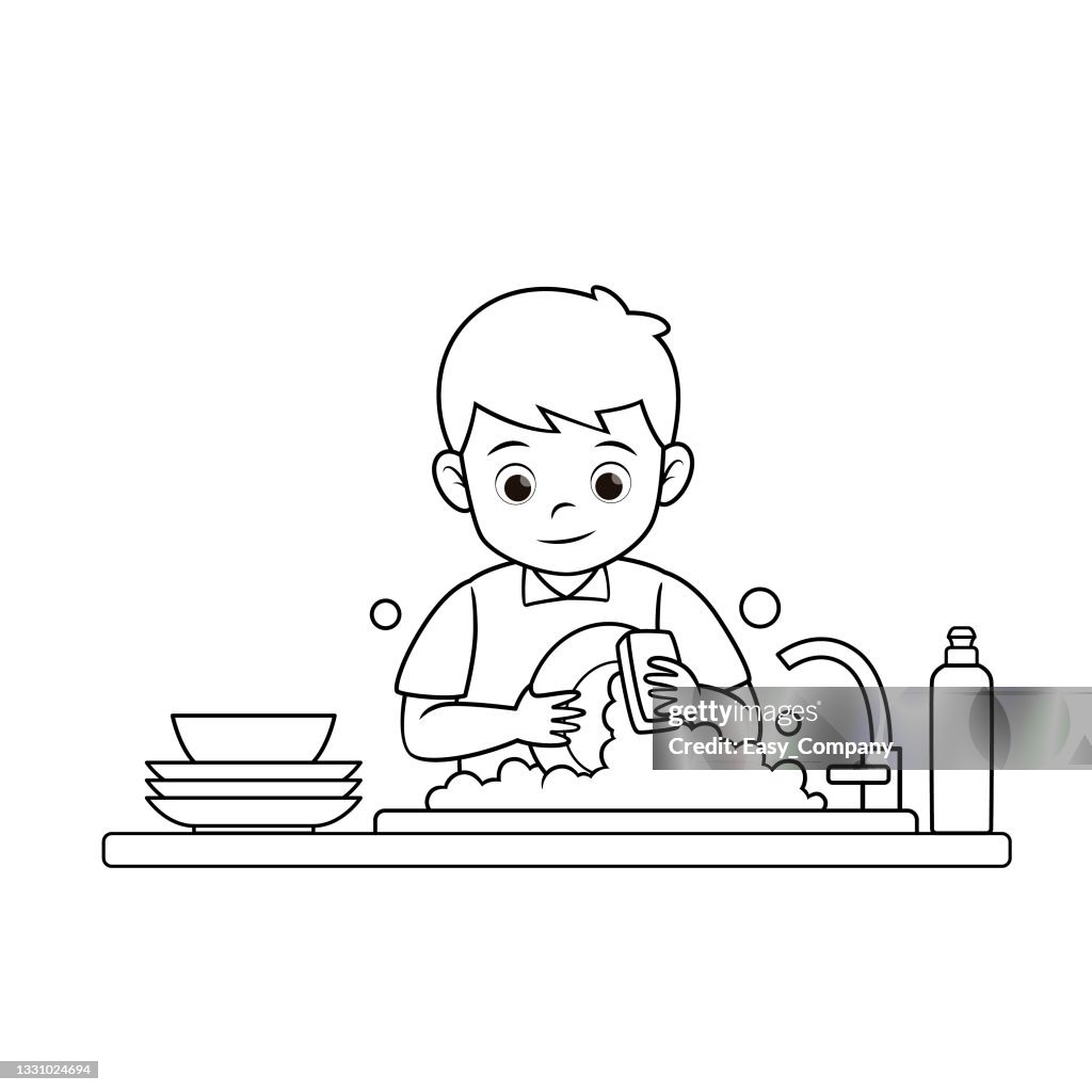 Black and white vector illustration of kids activity coloring book page with pictures of kid doing housework by clean dish high