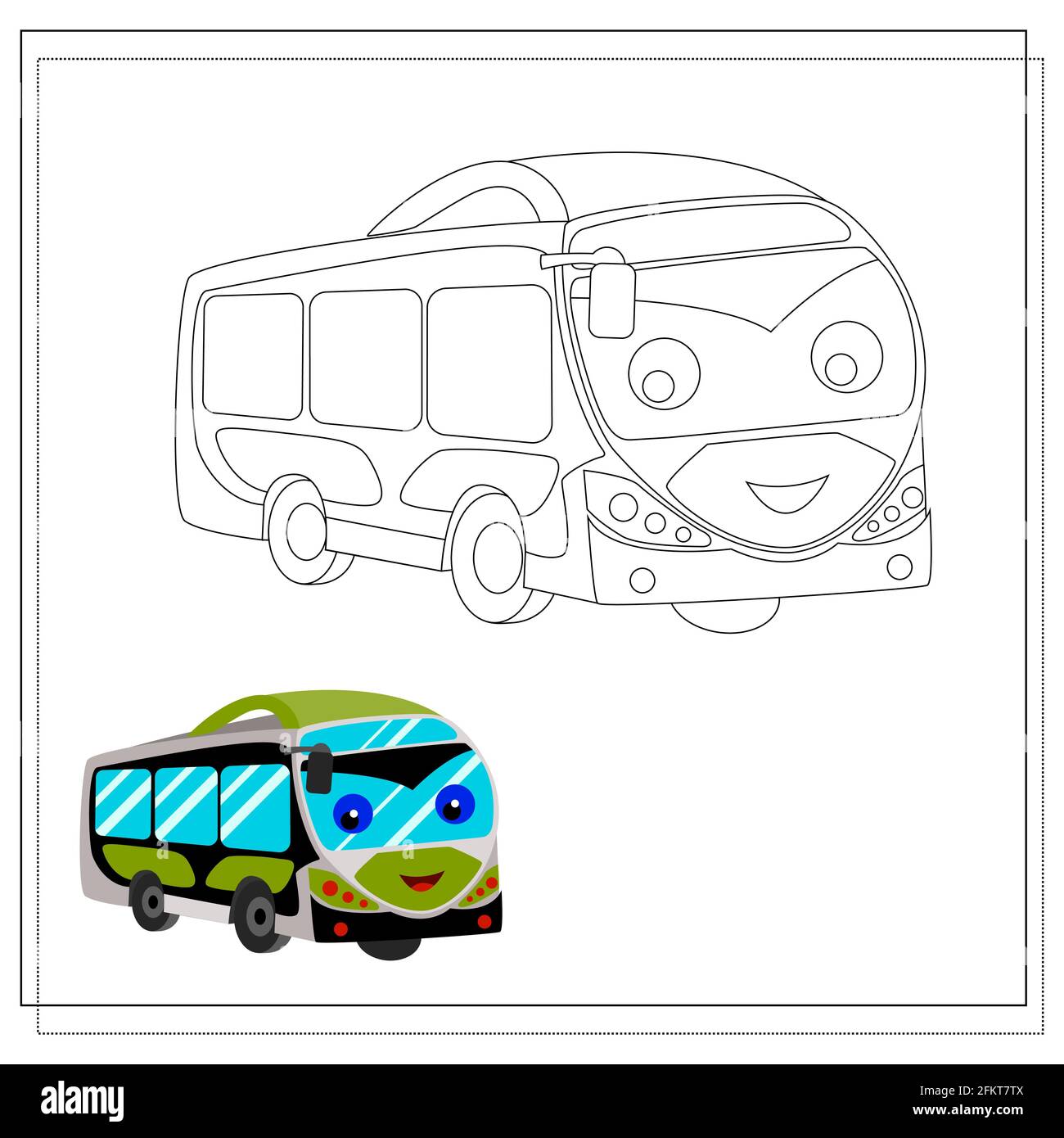 Cartoon bus coloring book with eyes and smile sketch and color version coloring book for children vector illustration isolated on a white backgroun stock vector image art