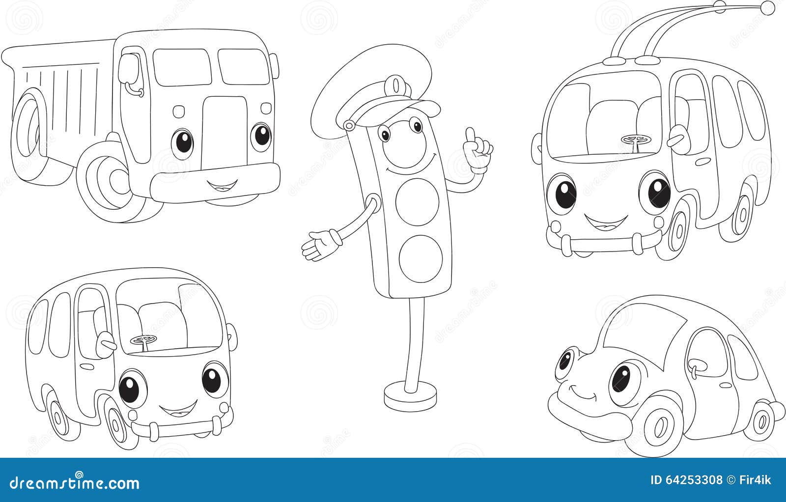 Car lorry bus trolleybus and traffic lights coloring book stock vector