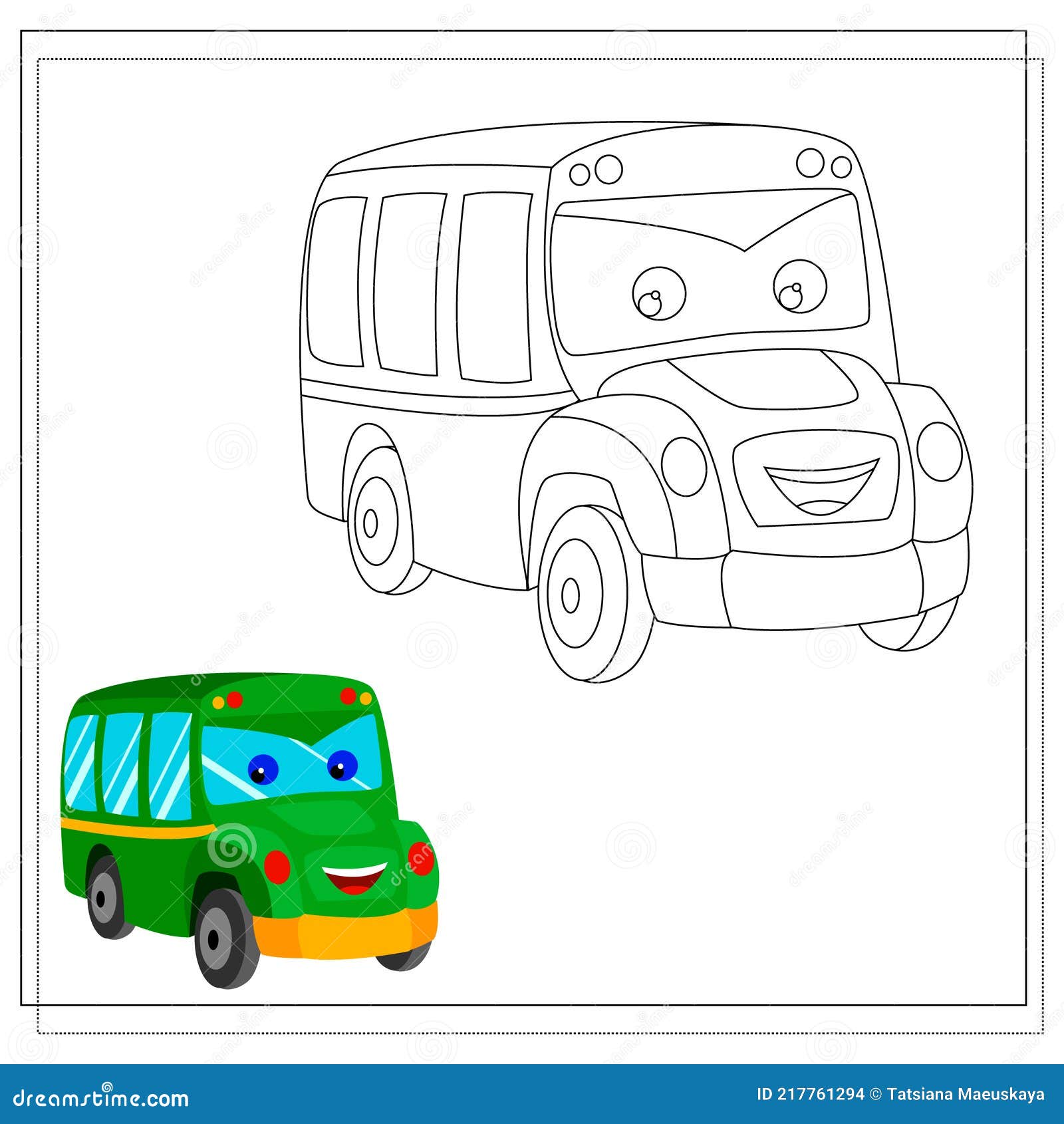 A cute cartoon bus coloring book with eyes and a smile sketch and color version stock vector