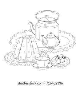 Tea party outline drawing coloring pudding stock illustration