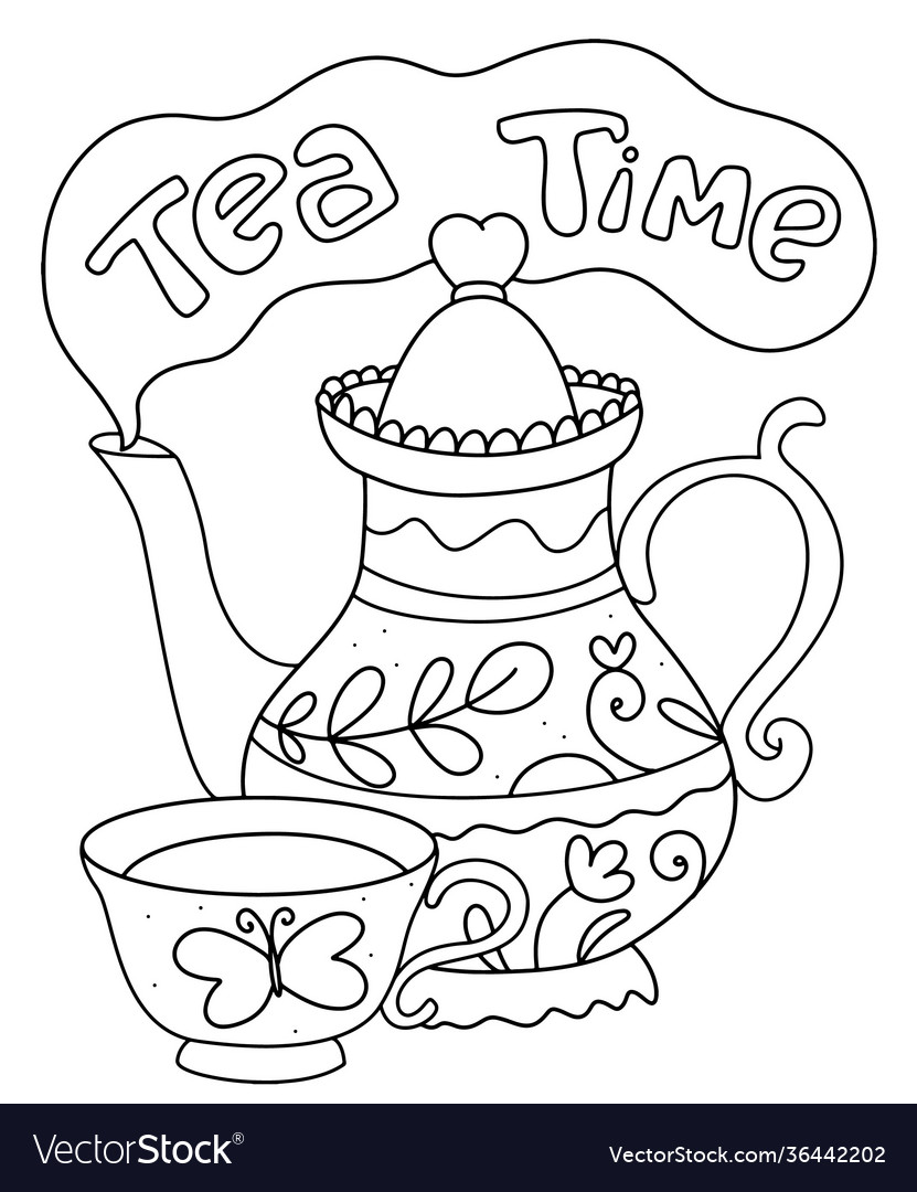 Tea time coloring page doodle dishes seamless pa vector image