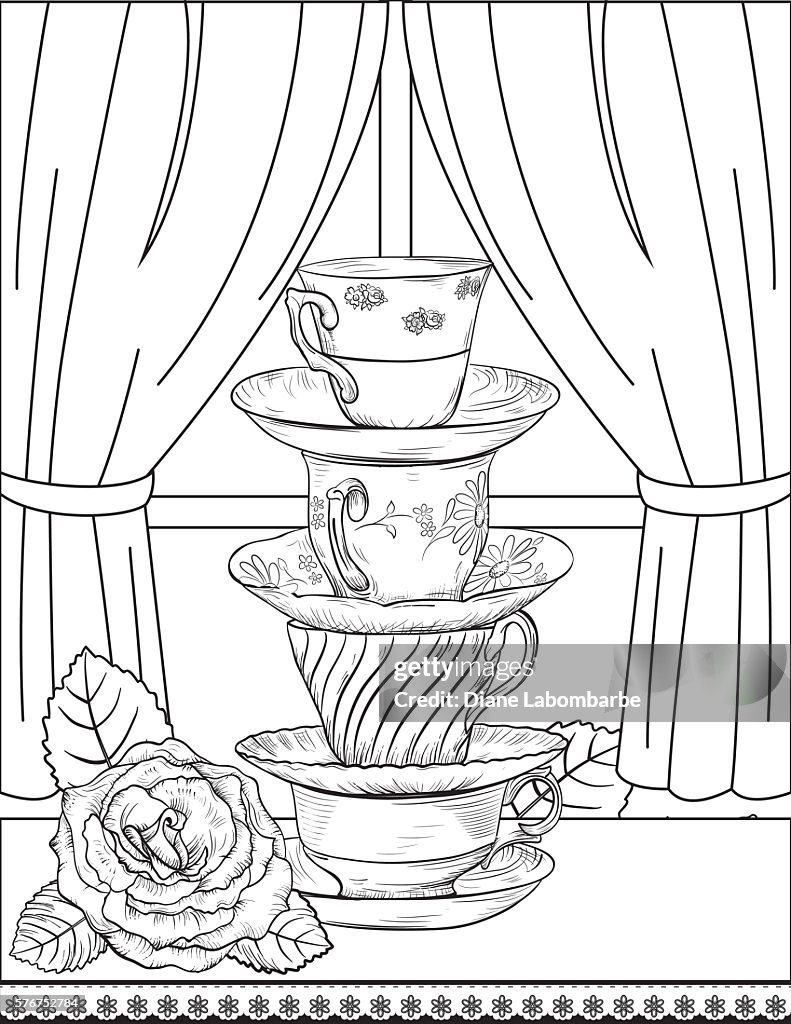 Flowers and tea adult coloring page high