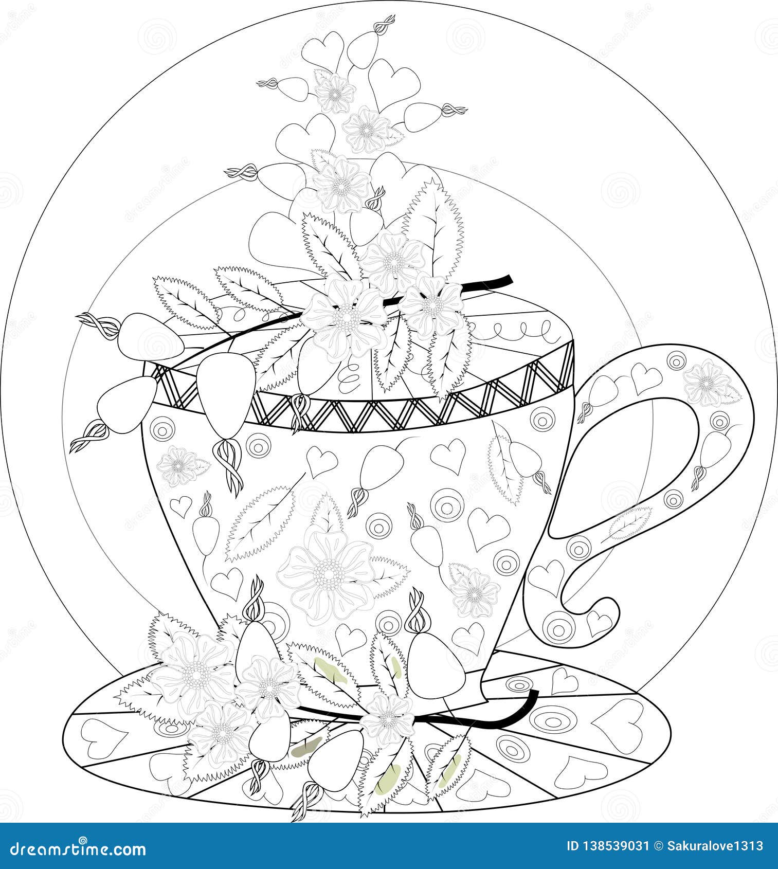 Hand draw vector coloring book for adult teatime cups of tea fruits and flowers stock image