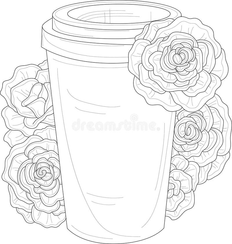Realistic cup of coffee or tea with roses sketch template cartoon vector illustration in black and white stock vector