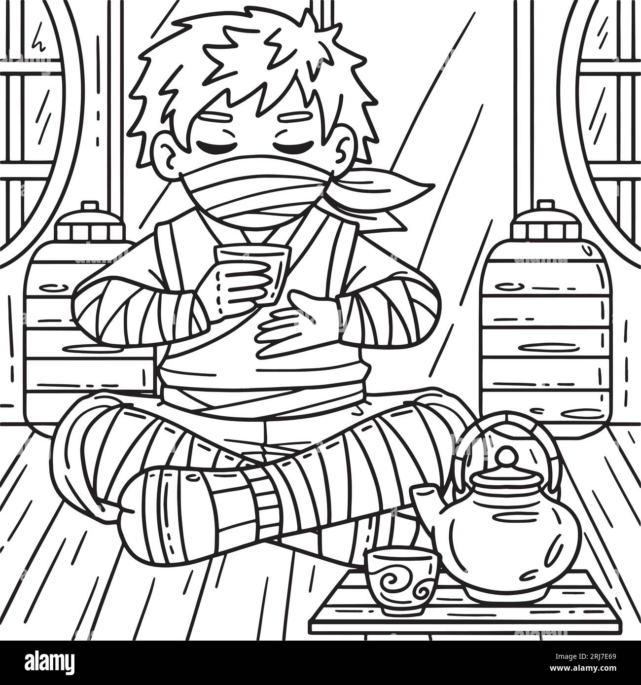 Ninja drinking tea coloring page for kids stock vector image art