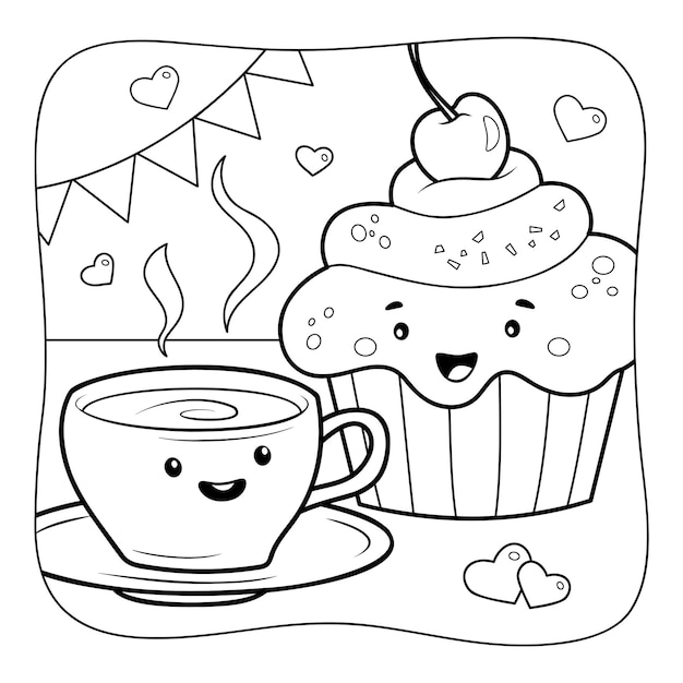 Premium vector tea and cake black and white coloring book or coloring page for kids nature background