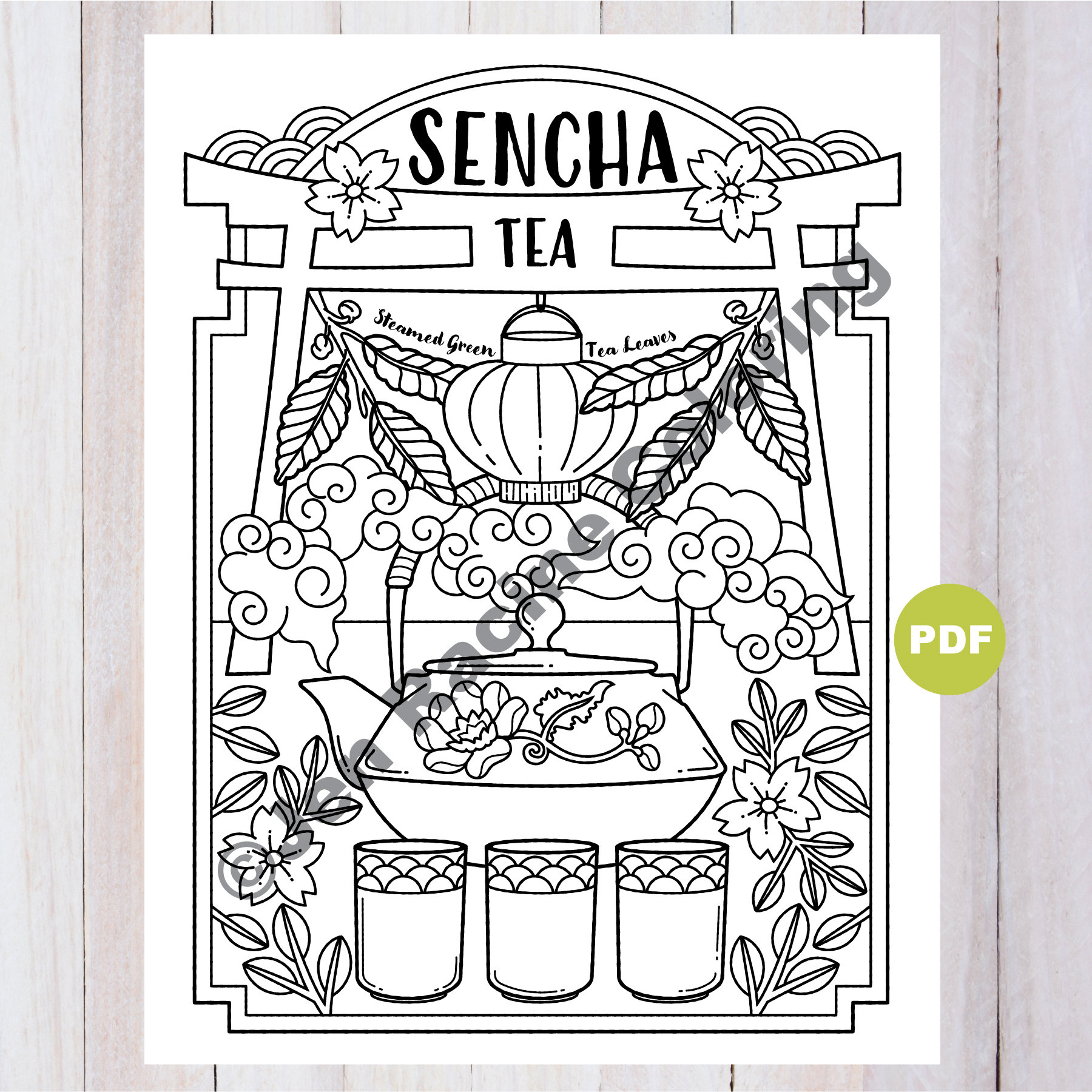 Sencha tea coloring page tea artwork digital download coloring page