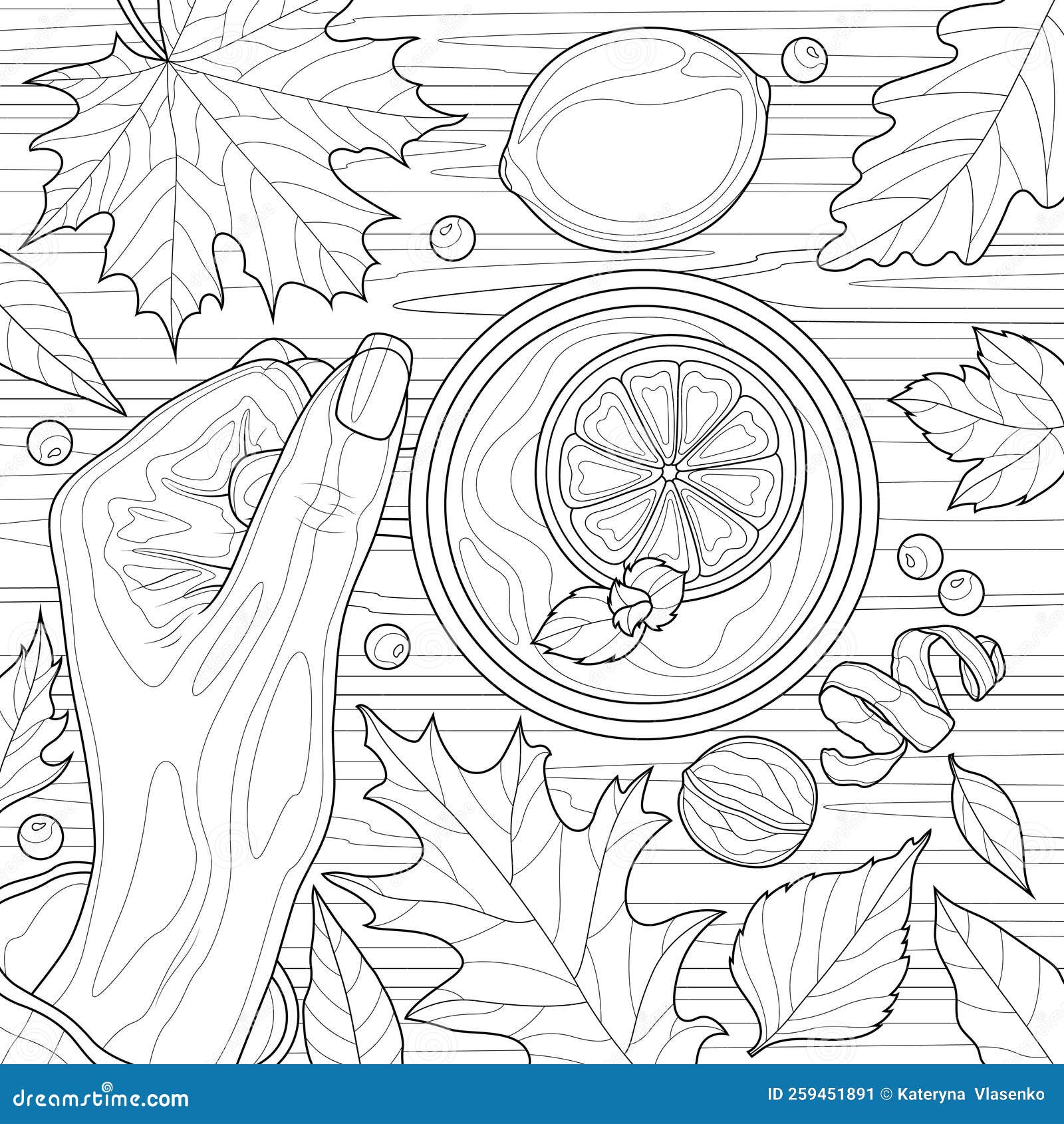 Hand with a cup of tea and autumn leavescoloring book antistress for children and adults stock vector