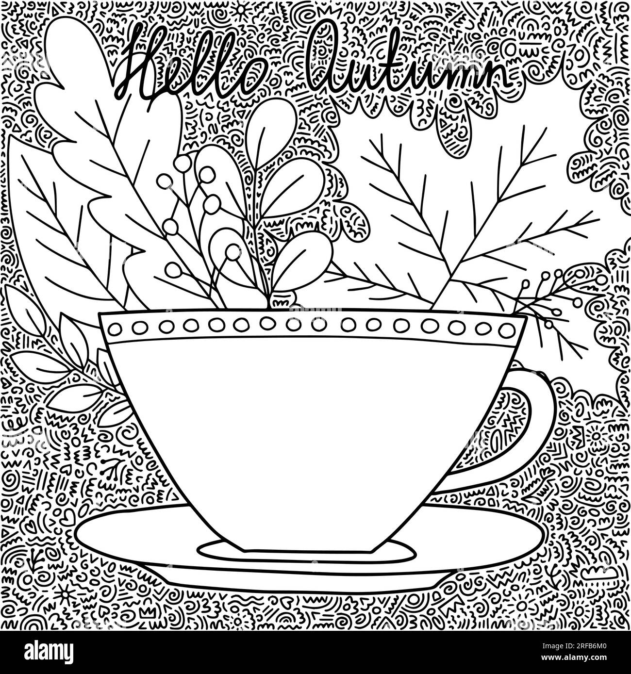 Coloring page with cup of coffee and autumn leaves stock vector image art