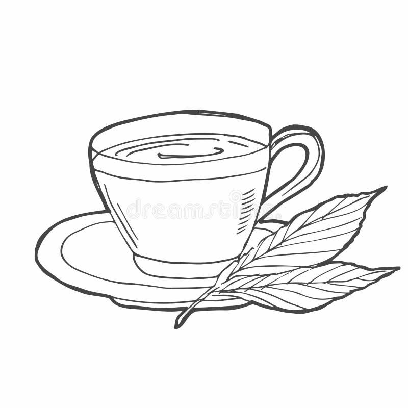 Cup of tea with tea leaf hand drawn outline doodle icon hot drink
